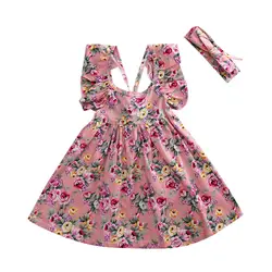 Летние Платья с цветочным принтом для девочек платье с рукавом-бабочкой с юбкой-пачкой платье крест-накрест Костюмы Открытое платье без