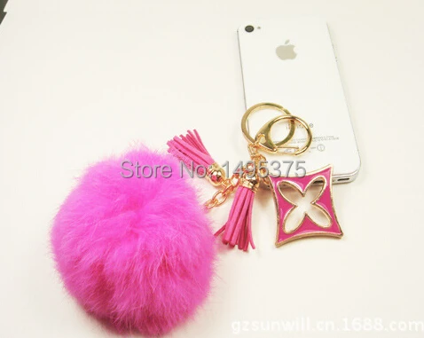 

60pcs/lot Four Leaf Clover hair ball keychain Rabbit Fur Pendant Plush Ball Keychain phone Keychain