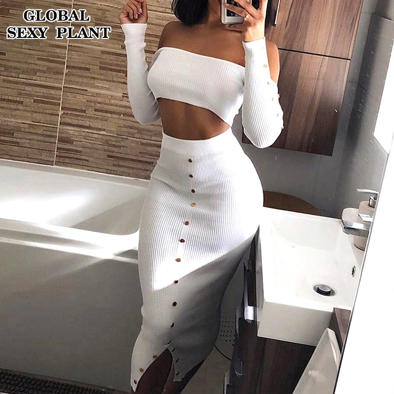 Пикантные с открытыми плечами длинным рукавом Bodycon платье осенне зимняя Дамская