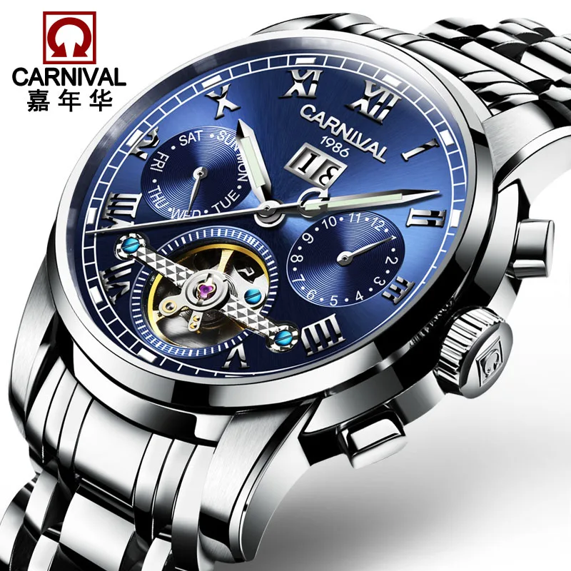 

Skeleton Watch CARNIVAL Fashion Tourbillon Automatic Watch men Complete calendar Week HD Luminous Full steel Mechanical watches