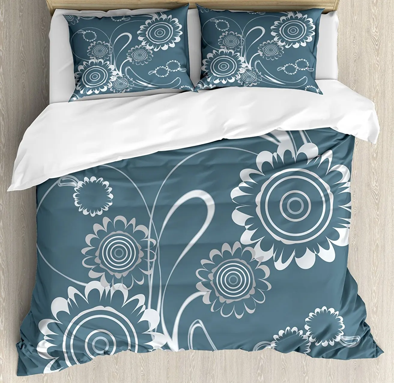 

Grey Blue Duvet Cover Set, Abstract Blossoming Petals with Abstract Swirls Romantic Flowers, 4 Piece Bedding Set