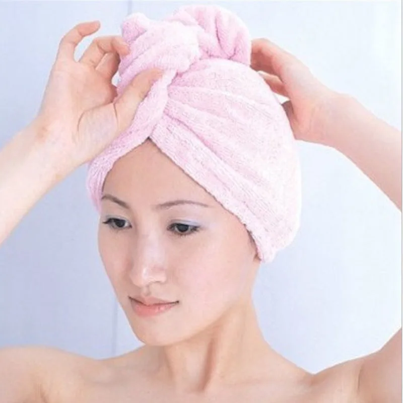 

22*51CM Dry Hair Bath Towel Microfiber Quick Drying Turban Super Absorbent Women Hair Cap Wrap with Button thicken