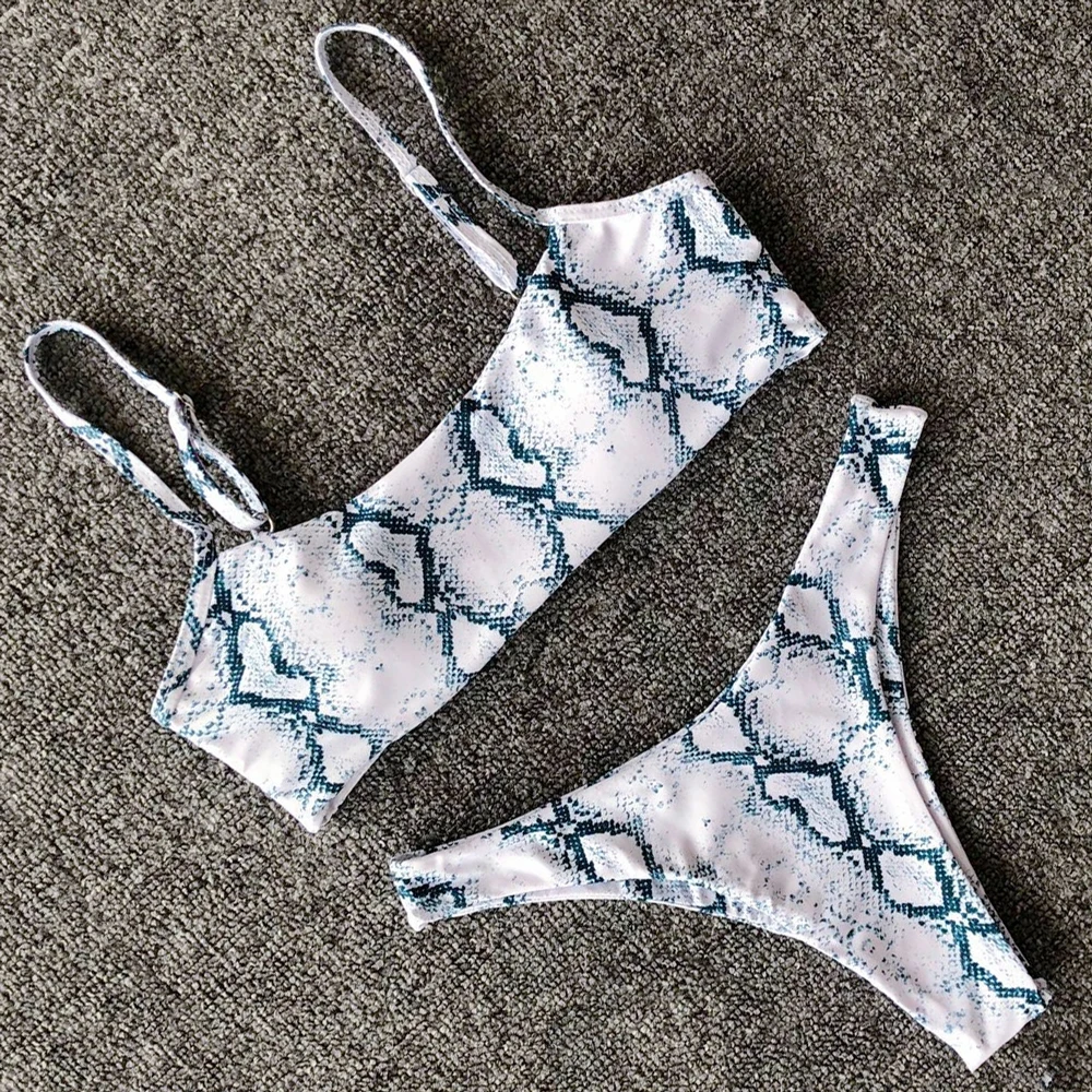 

Sexy Push Up Swimsuit Snakeskin Bikini Set Thong Swimwear Women Halter Bandage Bathing Suit Padded Bikini 2019 Summer Beachwear