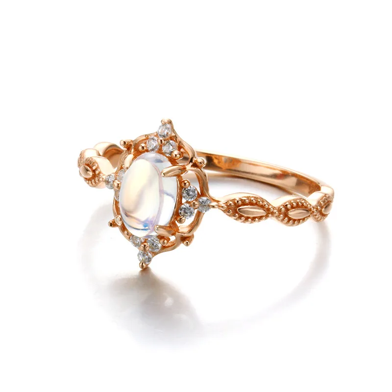 Необычные кольца 9 к из настоящего розового золота с лунным камнем, кольца с драгоценными камнями для женщин, девушек, девушек, элегантные однотонные ювелирные украшения, вечерние украшения