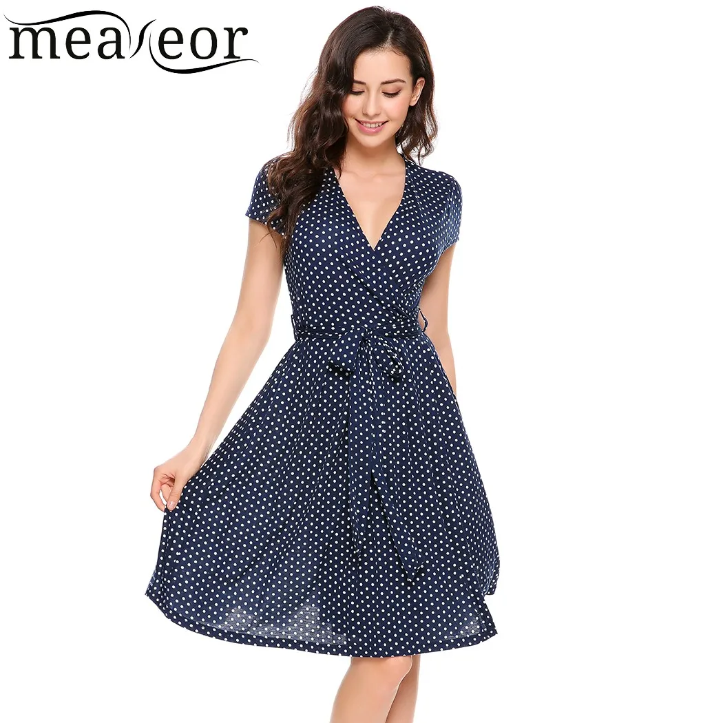 

Meaneor Elegant Dot A-Line Pleated Dress with Belt 2017 New Women Summer V-Neck Short Slim Casual DressVestidos