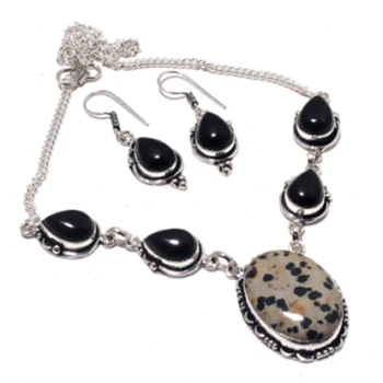 

Dalmatian Jaspers,Black Onyx Necklace Earing Silver Overlay over Copper , 44cm, FRN0016