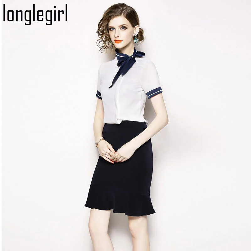 Summer Women Two Piece Suit Set Female Dress Formal Office Lady Set White Short Sleeve Bow Neck Shirt + Black Half Skirt S-XXL Summer Women Two Piece Suit Set Female Dress Formal Office Lady Set White Short Sleeve Bow Neck Shirt + Black Half Skirt S-XXL