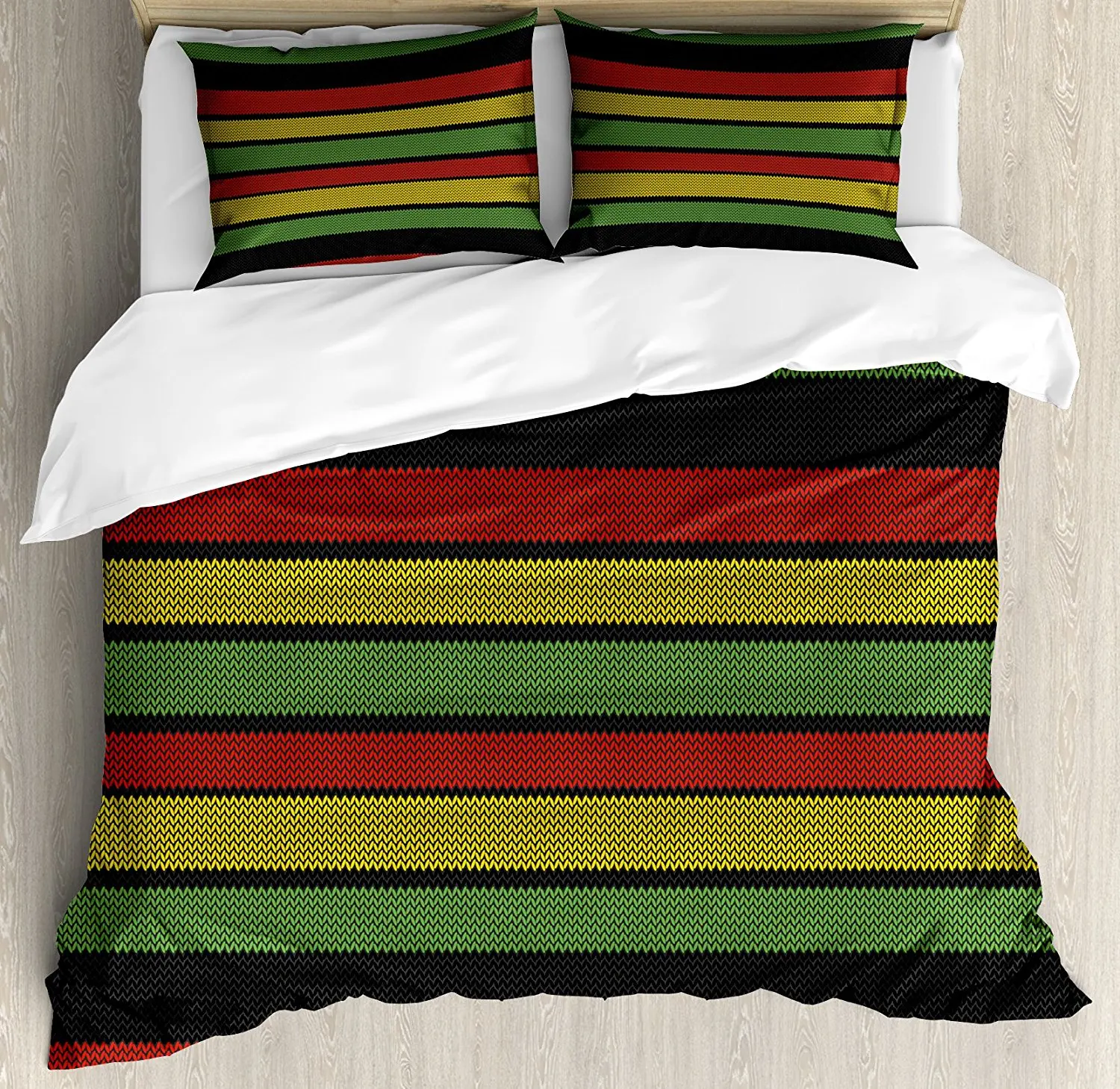 

Jamaican Duvet Cover Set Knitted Effect Rastafarian Stripes Abstract Caribbean Culture Elements Tropical Decor 4pcs Bedding Set