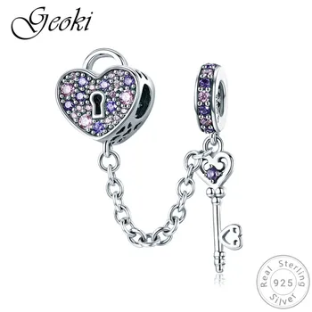 

Geoki 925 Sterling Silver Heart Key Lock Safety Chain fit Pandora Bracelet Original S925 Purple Heart CZ Pendant Necklace Beads