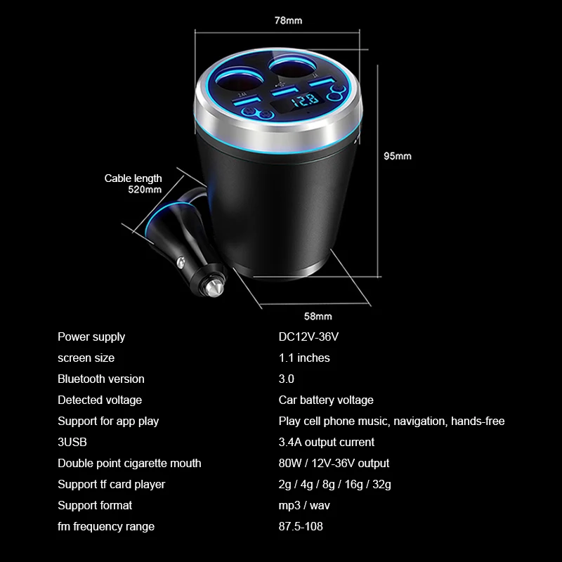 Автомобильное зарядное устройство USB Bluetooth MP3 плеер комплект fm-передатчик дисплей двойной телефон зарядное устройство светодиодный подстаканник прикуриватель автомобильное зарядное устройство