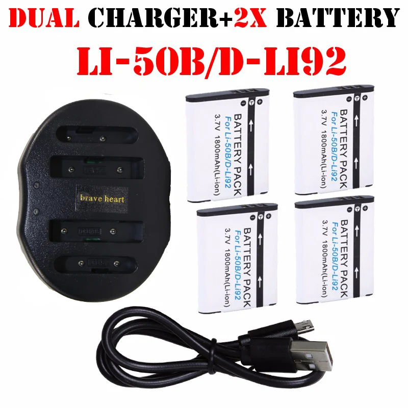 

2x 3.7v 1800mAh Li-50B D-LI92 Li 50B D LI92 Battery + USB Dual Charger For Olympus 1020 1010 1030 Pentax PENTAX Optio I-10 X70