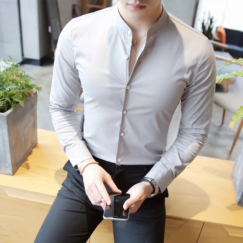 Мужская Осенняя Высококачественная рубашка из чистого хлопка с длинными рукавами/Мужская рубашка с воротником-стойкой популярно среди молодежи