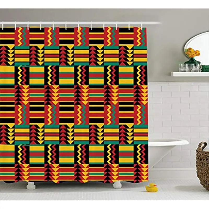 Vixm Kente Shower Curtain Ethnic Pattern with Stripes Triangles and