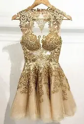 Модные 2018 платье Vestido De Noiva Золото аппликация линия экипажа Средства ухода за кожей шеи без рукавов на молнии сзади Мини платья Короткие