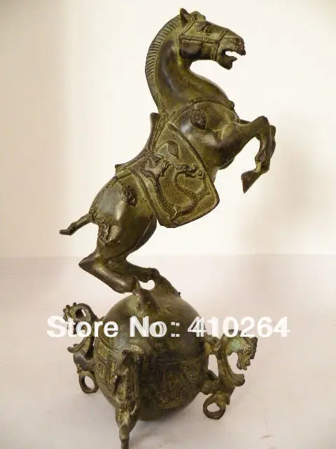 

[Nice Discount ] fast Shipping Superb Chinese Old Bronze Horse Standing On The Ball Censer Statue Sculpture