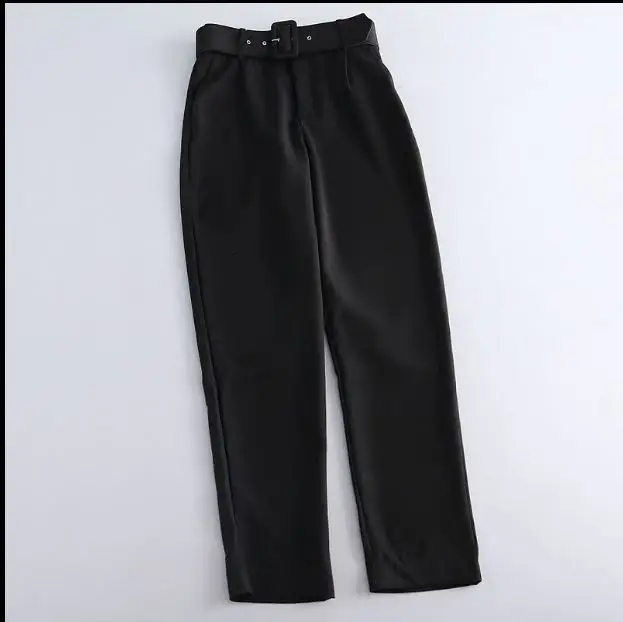 Новинка, модные женские черные креповые брюки с поясом с пряжкой, высокая посадка, спереди, со складками, сзади, по бокам, с карманами, длинные брюки