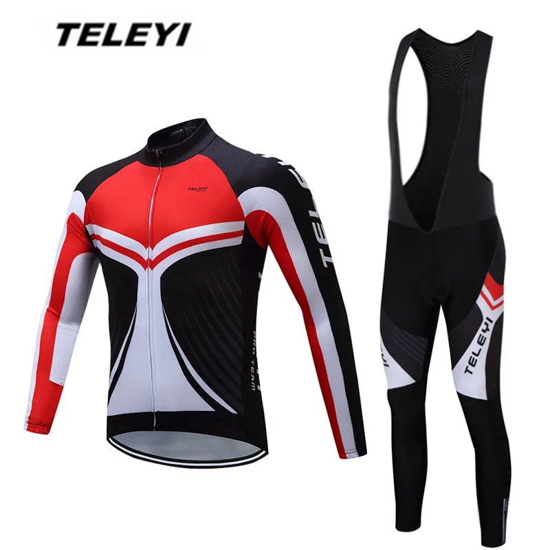 

TELEYI Red MTB Bike jersey Bib Pants Set Men Cycling clothing Suit Ropa Ciclismo Maillot trouser Riding Long Sleeve Shirts Black