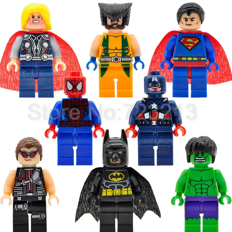 

Hot 8pcs/lot Super Hero Figure Set Batman Hulk Thor Captain America Wolverine Super Man Building Blocks Sets Models Bricks Toys
