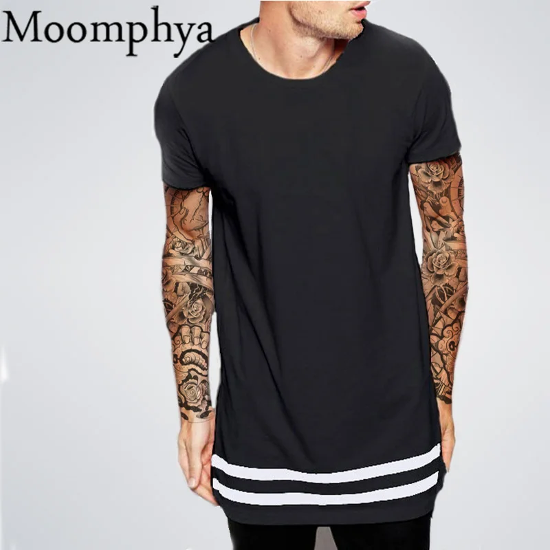 

Moomphya Streetwear Men t shirt extended longline hipster t shirt men stripes t shirt Homme Long Line T shirt with Striped Hem