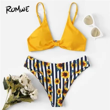 Romwe Sport Triangle Push Up Top With Striped Flower Print High Cut Bottoms Bikini Set Women Summer Sexy Plunge Neck Beachwear Romwe Sport Triangle Push Up Top With Striped Flower Print High Cut Bottoms Bikini Set Women Summer Sexy Plunge Neck Beachwear