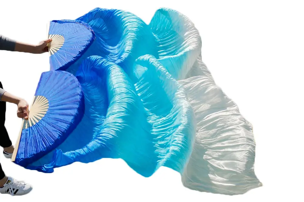 

2016 High selling 100% Real Silk Veils 1 Pair handmade women Quality Silk Belly Dance Fan Dance blue turquoise white 180*90 cm