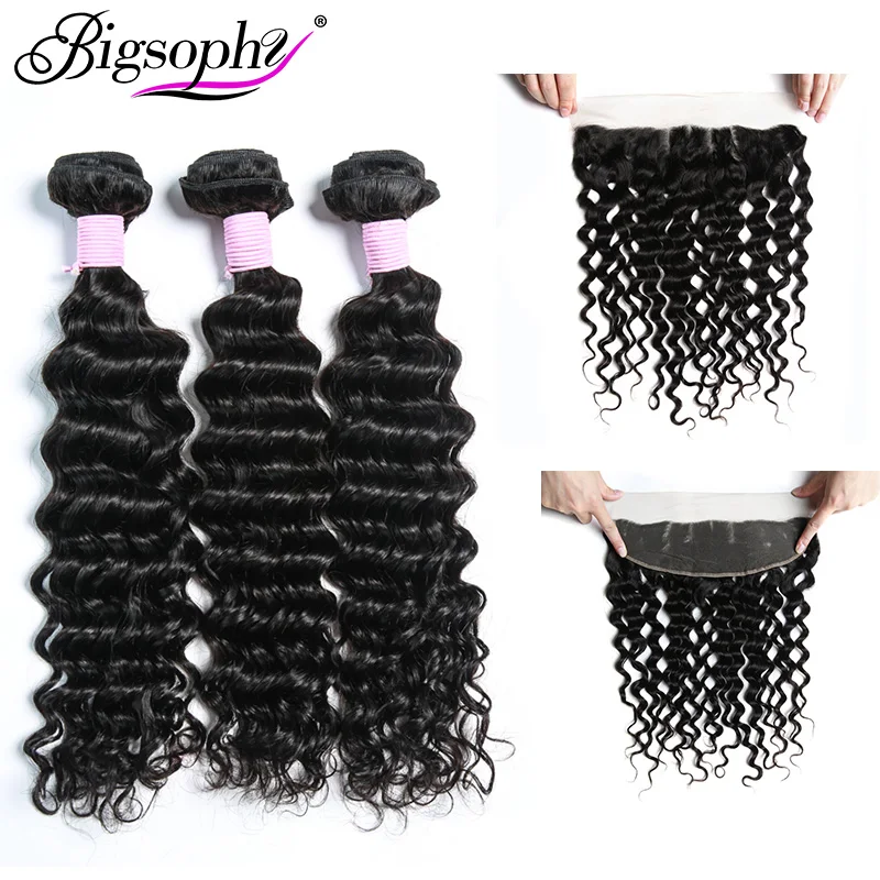 

Bigsophy Brazilian Deep Wave Hair 3Bundles With Closure Natural Black Human Hair3Bundles With 13x4Lace Frontal Closure RemyHair