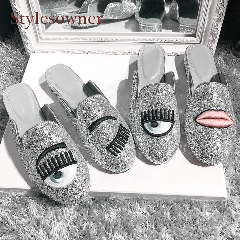 Stylesowner big eyes with mouth embroider half slipper silver bling