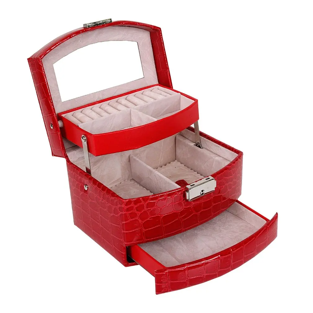 

High Grade Crocodile Print Jewelry Display Leather Box 3 Layers Ring Necklace Chain Jewelry Case Container Home Storage Supplies