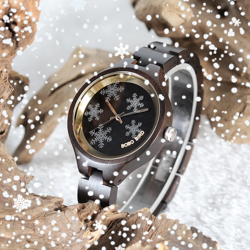

BOBO BIRD P16-3 Simple Women Wooden Watches Vivid Snowflake Design Ladies Quartz Wristwatch in Gift Box