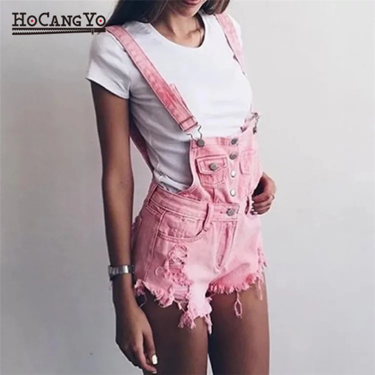 2018 spring new hot cowboy bibs low waisted breasted hole Korean fashion strap shorts female (1)