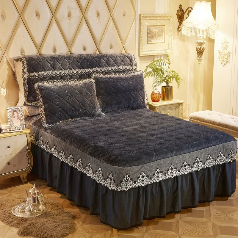 

Warm Soft Flannel Fleece Quilted Bedspread set Ruffled Lace Bed skirt Twin Queen King size 3Pcs Bed Cover set with Pillow case