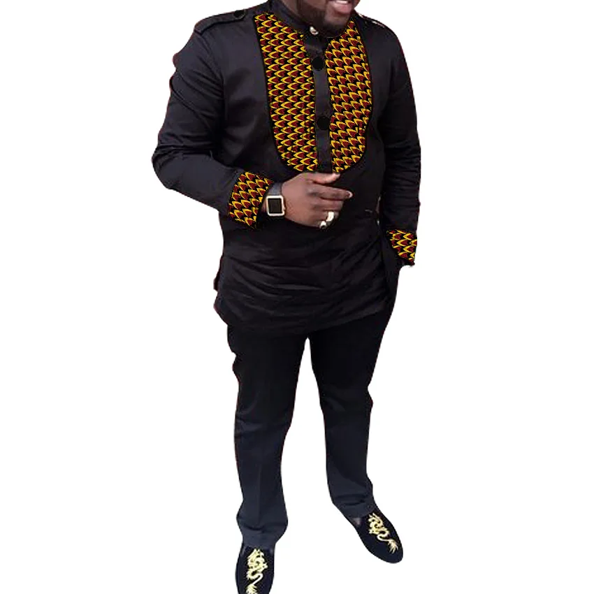 Африканская одежда с принтом Мужская рубашка+ брюки Топы с длинными рукавами черные с принтом мужские брюки наборы пэчворк дизайн свадебные наряды - Цвет: 10