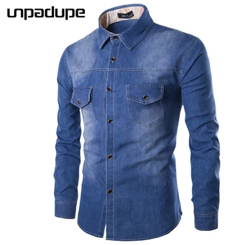 

New Brand 2018 Fashion Men Shirts Pocket Fight Leather Dress Shirt Long Sleeve Slim Fit Denim Shirt Casual Male Shirts Model 6XL