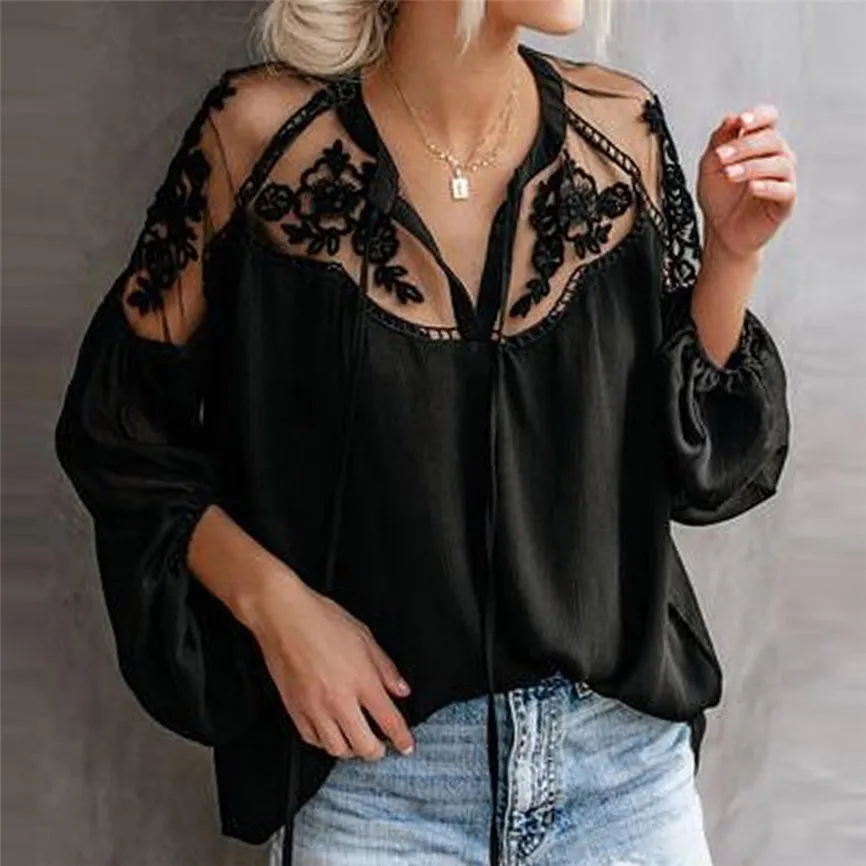

Lange Mouwen Chemisier Fashion Women Chiffon Lace Hollow out Solid Blouse Long Sleeve Bandage Tops Lace Hollow Collar