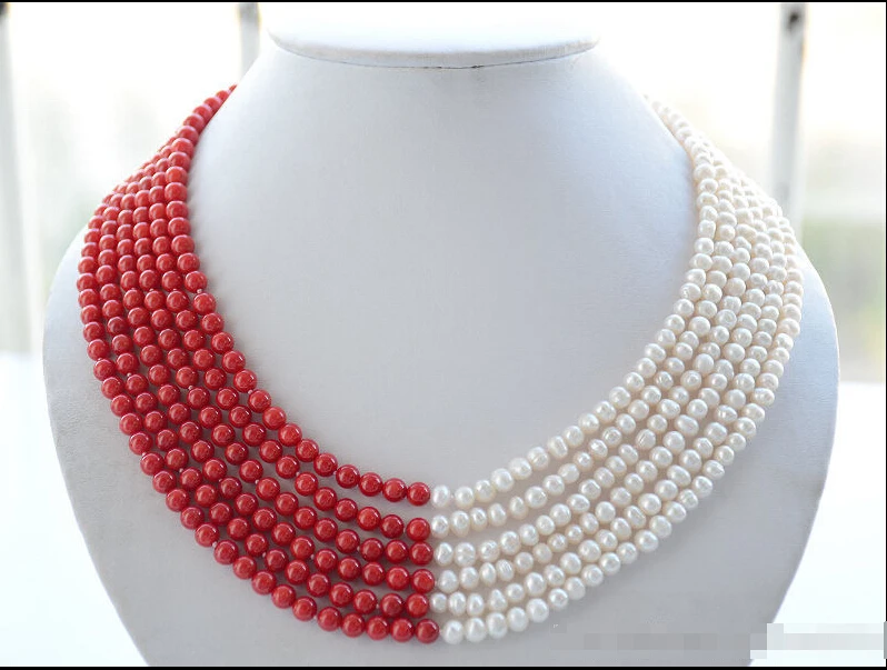

Fast SHIPPING Z6400 6strands 6mm white round freshwater pearl red coral bead necklace (A0326)