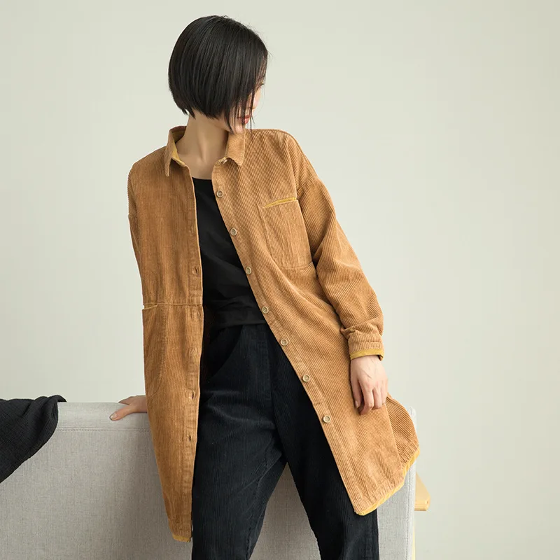 

Johnature Vintage Turn-down Collar Full Sleeve Corduroy Women Clothes 2019 Autumn New Casual Wide-waisted Long Trench Coat