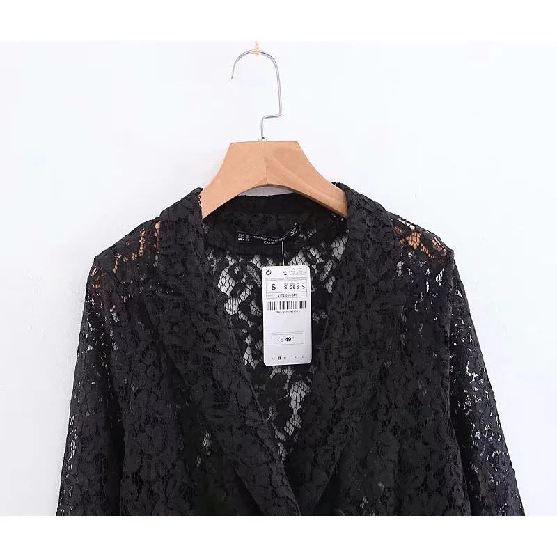 BBWM امرأة زا مثير فستان من الدانتيل سترة خمر شيك مزدوجة الصدر معطف بدوره إلى أسفل طوق طويلة الأكمام عارضة Casaco فام