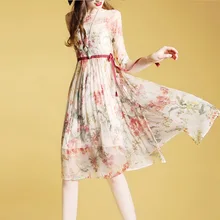 Для женщин элегантный печатных Платье с цветочным узором 3/4 рукавом Slim Fit плиссированные пояса Повседневное из искусственного шелка шифоновое платье для дам vestidos mujer