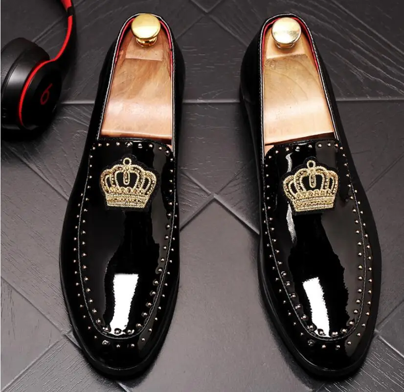 New arrival Men charming glitter embroidery crown flats Dress gentleman Shoes Male Wedding Homecoming Evening Groom Prom shoes