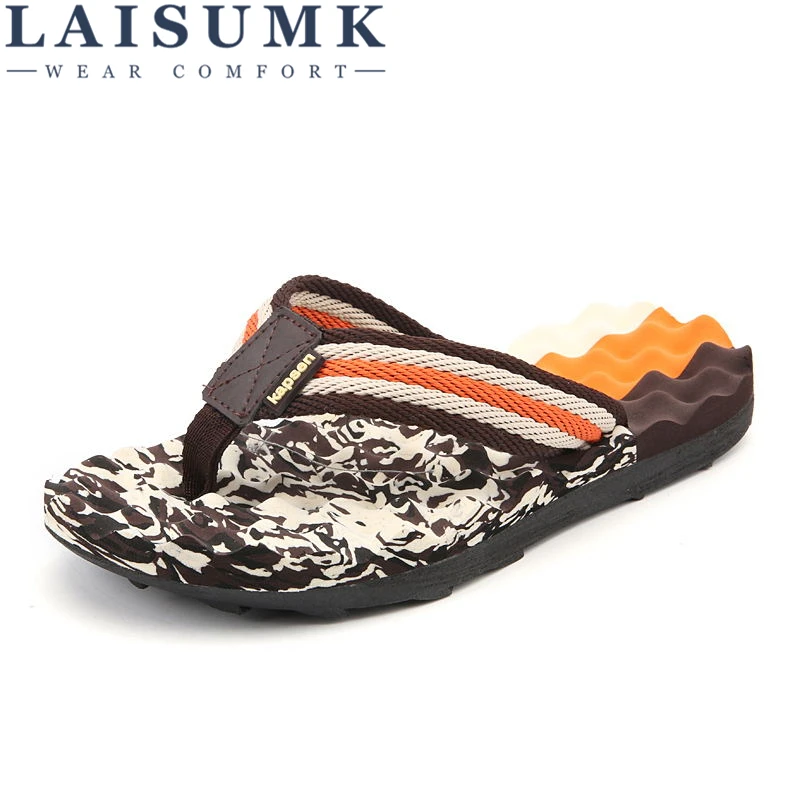 

LAISUMK Summer Brand Men Flip Flops Printing EVA Ribbon Non-Slip Soft Slides Slippers Casual Playa Tongs Sandals Beach Shoes