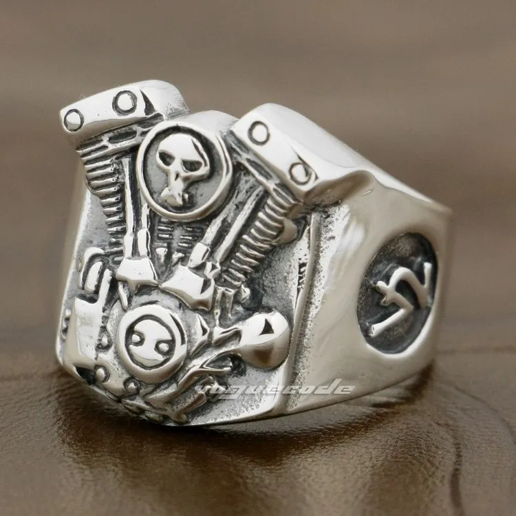 V2 Skull Motorcycle Engine 925 Sterling Silver Mens Biker Ring 8Y009in