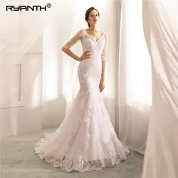 Ryanth Vestido de Novia кружево Жемчуг Русалка Свадебные платья Sexy V средства ухода за кожей шеи Половина рукава Свадебный платья свадебное платье