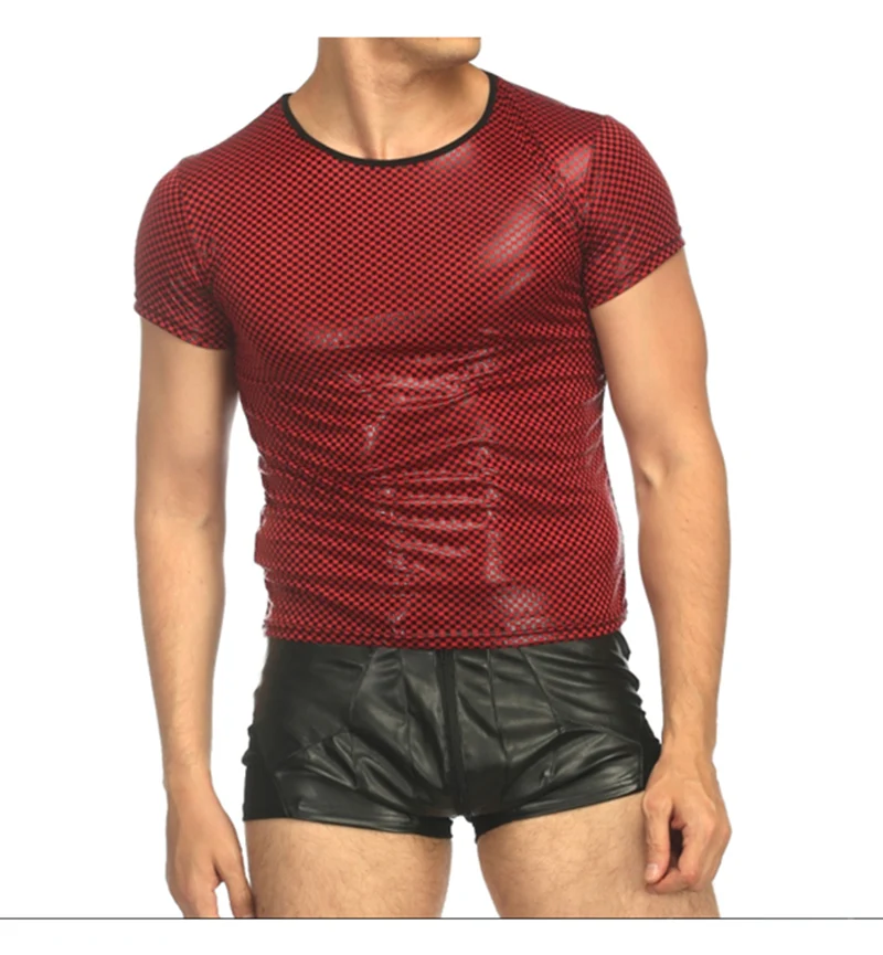 2019 Sexy Men's Patent Leather T-shirt Nightclub Performance Show Glossy Checked Skinny T-Shirt Short Sleeve Pullover Slim Fit (2)