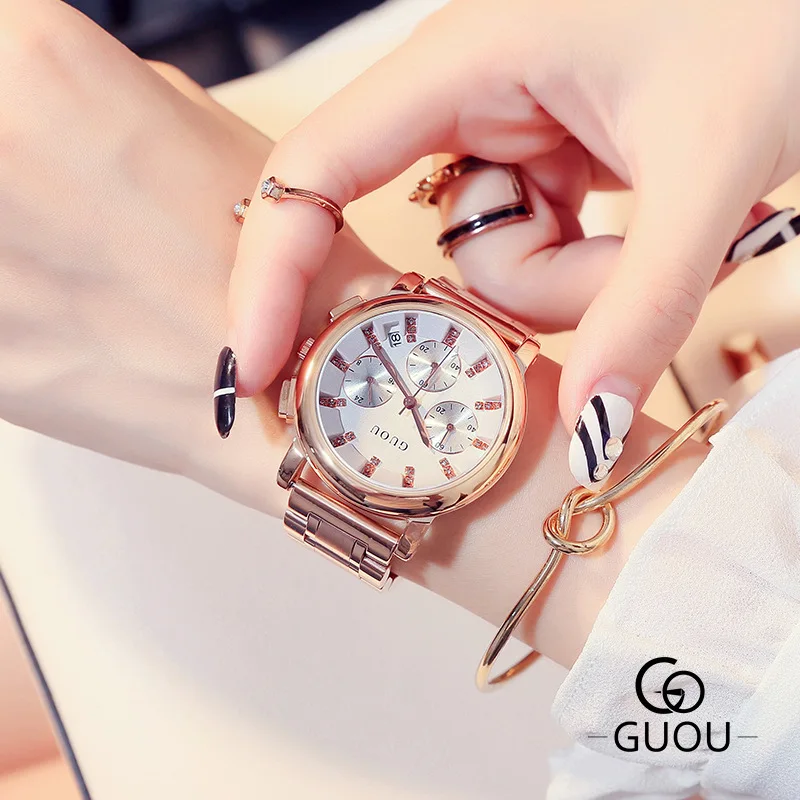Goede GUOU Horloge Vrouwen Vogue Casual Diamond Watch Luxe Rhinestone Vrouwen Horloges Volledige Steel Klok Vrouwen relogio feminino reloj mujer