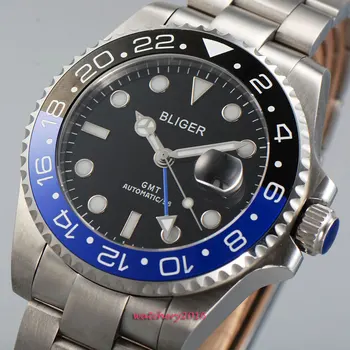 

2019 Newest Hot 43mm Bliger Black dial ceramic bezel Luminous hands Sapphire Glass GMT Automatic Movement Men's Mechanical Watch