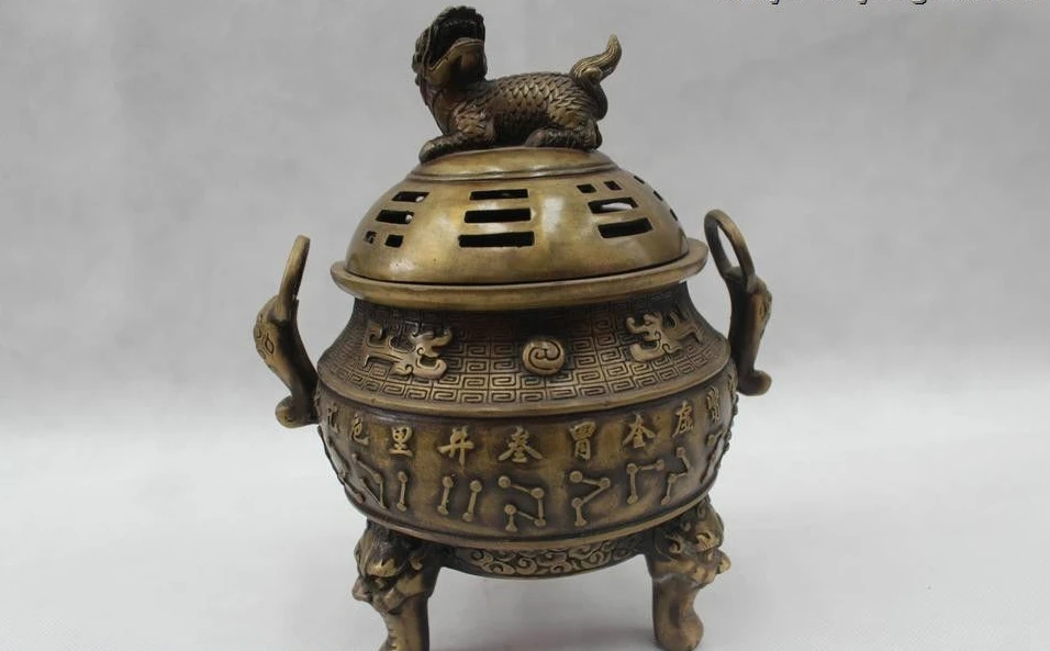 

9"Chinese Folk Pure Bronze Two Lion character Lucky Burner incense burner Statue
