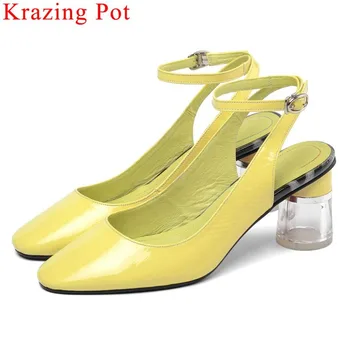 

Krazing Pot office lady high heels natural leather dress work slingback pumps square toe daily buckle strap big size shoes L7f2