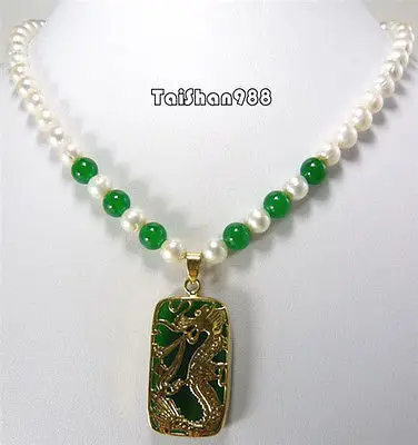 

Hot sale Free Shipping>>>Genuine White Pearl Green Jade 18KGP Dragon Pendant Necklace