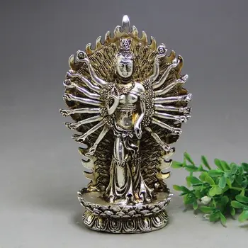 

TIbet Buddhism Miao Silver Thousand-hand guanyin stands on the lotus Statue