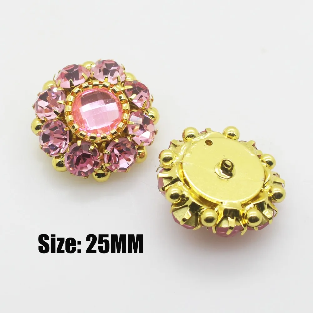 

Shiny 5pcs/lot 25mm Pink Crystal Rhinestone Buttons golden for shank alloy diamond button DIY sewing-on garments accessory